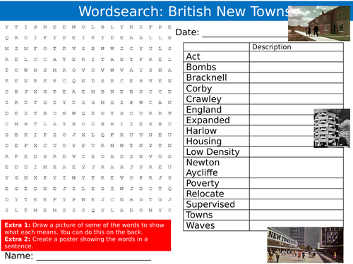 British New Towns Wordsearch Puzzle Sheet Keywords Settler Starter Cover Lesson Geography