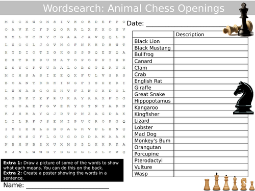 Chess Animal Openings Wordsearch Puzzle Sheet Keywords Settler Starter Cover Lesson Games Strategy