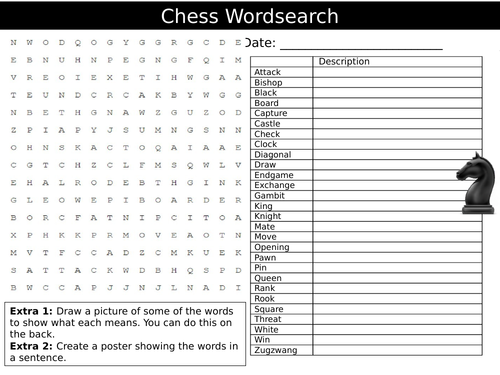2 x Chess Wordsearch Puzzle Sheet Keywords Settler Starter Cover Lesson Strategy Games