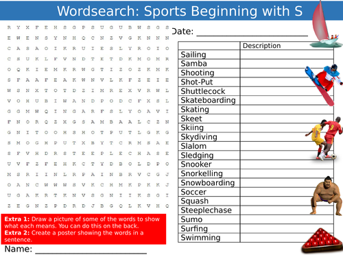 Sports Beginning with S Wordsearch Puzzle Sheet Keywords Settler Starter Cover Lesson PE