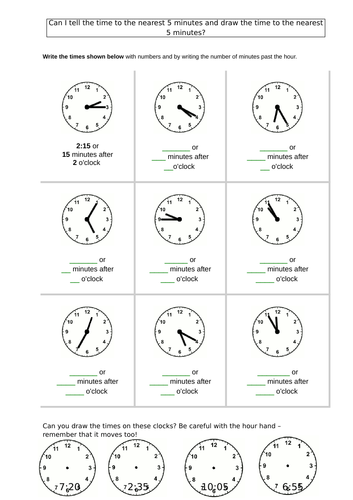 Telling time to 5 minutes worksheet Year 2 analogue