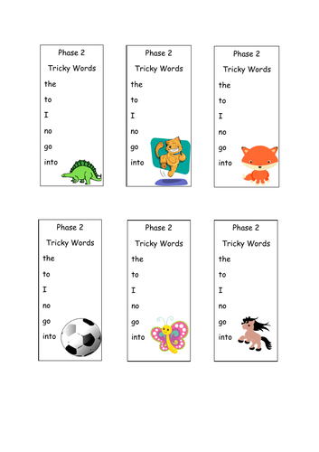 Phase 2 Tricky words and High Frequency words bookmarks or table mats