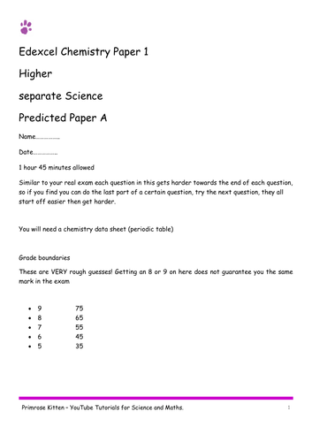 Sample Exam Papers. Chemistry Edexcel  paper 1 (combined and separate) 9-1 spec. Higher