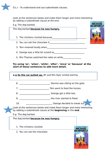 Subordinating conjunctions - differentiated worksheets ('A Long Way Home' context)