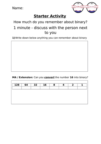 Denary, Binary and Binary Addition lesson