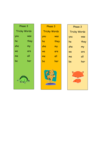 Phase 3 Tricky words and High Frequency words Bookmarks or Table mats