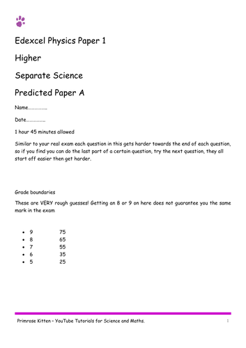 Sample Exam Papers. Physics Edexcel paper 1 (combined and separate) 9-1 spec. Higher