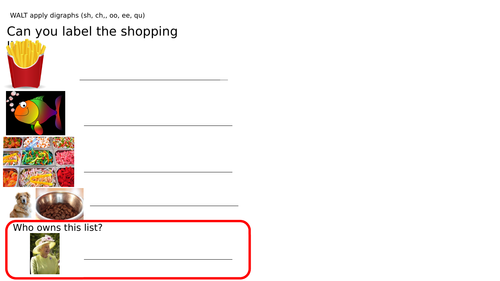 Phase 3 digraphs write a shopping list sh, ch, oo, ee, qu phonics