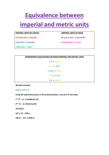 Equivalence between metric and imperial units of mass and length. With Answers.