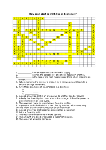 Think like an Economist - Key Terms Wordsearch with clues (and answer key for the teacher)