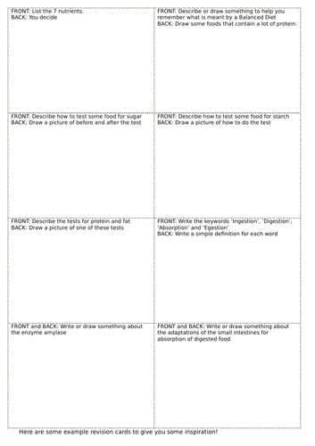 KS3 Digestion and nutrition revision cards