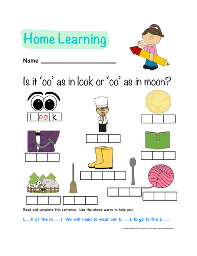 Phonics homewoork oo sound worksheet