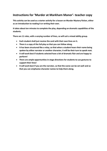 Murder at Markham Manor- drama starter for mystery fiction