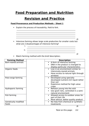 Food Provenance and Production Methods Revision Worksheet FPN AQA
