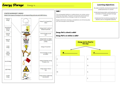 GCSE 1-9 Design & Technology - Unit 2 - Energy storage worksheet