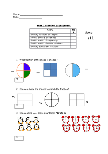 1 grade worksheets for math k12 Year sarahwhitneystead Fractions Assessment 2 by