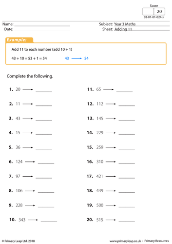 KS2 Maths worksheet - Adding 11