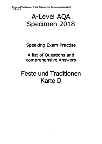 'A' level AQA 218 Feste und Traditionen SPEAKING