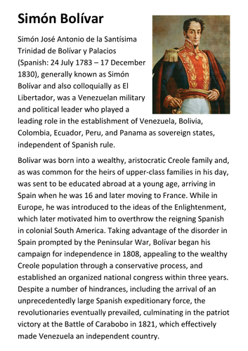 Simón Bolívar Handout