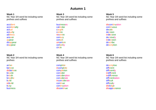 Autumn 1 Year 3 spelling lists