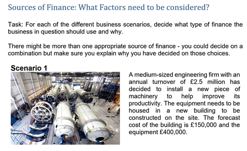 Sources of Finance Scenarios: What Factors need to be considered choosing finance A Level/IB Diploma