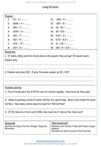 Long Division Mastery Worksheet by SolutionsEducation - Teaching
