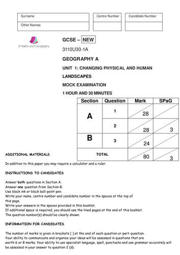 WJEC 2016 SPECIFICATION MOCK EXAM PAPER for PAPER 1 (FULL PAPER THEME 1-3 and MARKSCHEME)