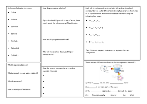 KS3 Separating mixtures revision mat