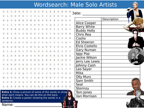 Male Solo Artists Wordsearch Puzzle Sheet Keywords Settler Starter Cover Lesson Music Musicians