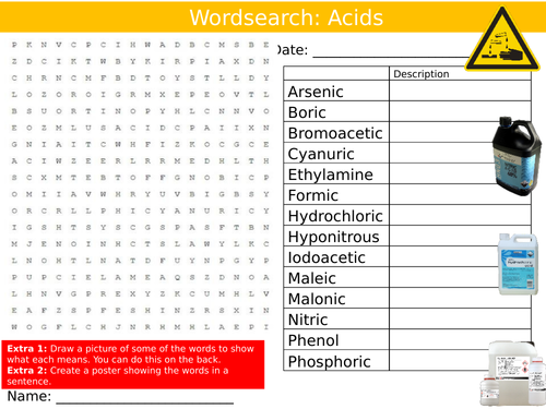 Acids Wordsearch Puzzle Sheet Keywords Settler Starter Cover Lesson Science Chemistry