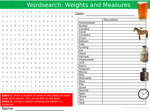 2 x Weights and Measures Wordsearch Puzzle Sheet Keywords Settler Starter Cover Lesson Maths Units