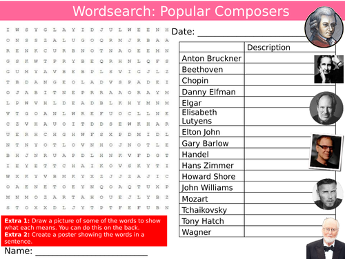 Popular Composers Wordsearch Puzzle Sheet Keywords Settler Starter Cover Lesson Music Musicians
