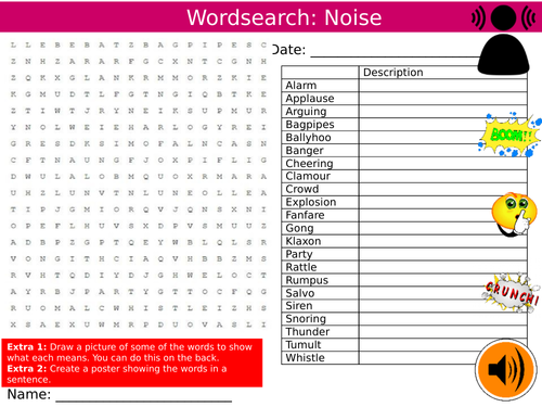 Noise Wordsearch Puzzle Sheet Keywords Settler Starter Cover Lesson Synonyms Sound Science English