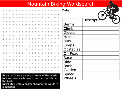 Mountain Biking Wordsearch Puzzle Sheet Keywords Settler Starter Cover Lesson PE Sports Activties