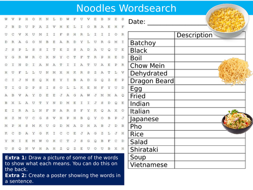 Noodles Wordsearch Puzzle Sheet Keywords Settler Starter Cover Lesson Food Cuisine