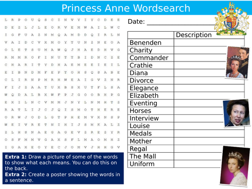 Princess Anne Wordsearch Puzzle Sheet Keywords Settler Starter Cover Lesson British Royal Family