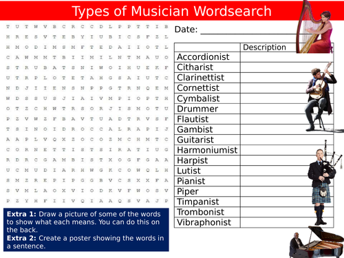 Types of Musician Wordsearch Puzzle Sheet Keywords Settler Starter Cover Lesson Music Instruments
