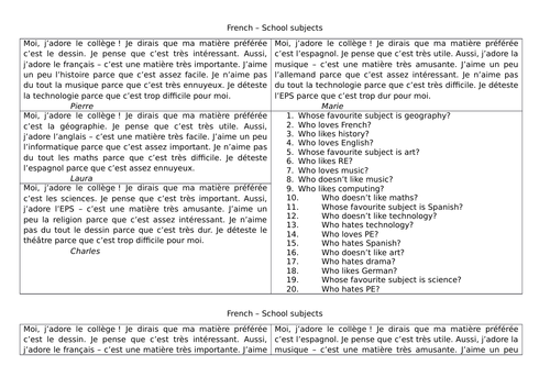 French - School Subjects - Narrow Reading