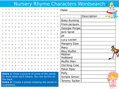 Nursery Rhyme Characters Wordsearch Puzzle Sheet Keywords Settler Starter Cover Lesson