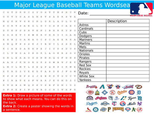 Baseball Major League Teams Wordsearch Puzzle Sheet Keywords Settler Starter Cover Lesson PE Sports