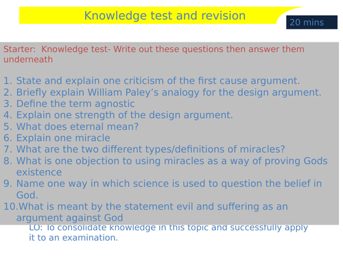 AQA a - existence of God and revelation knowledge test & revision activities