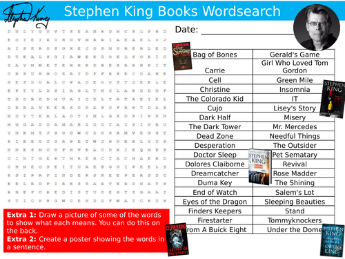 Stephen King Books Wordsearch Puzzle Sheet Keywords Settler Starter Cover Lesson English Author