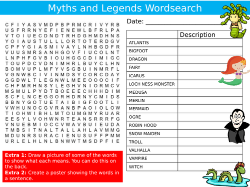 Myths and Legends Wordsearch Puzzle Sheet Keywords Settler Starter Cover Lesson Mythical Creatures