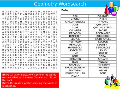 Geometry Wordsearch Puzzle Sheet Keywords Settler Starter Cover Lesson Maths Shape Measure