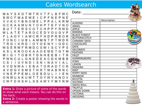 Types of Cakes Wordsearch Puzzle Sheet Keywords Settler Starter Cover Lesson Food Technology