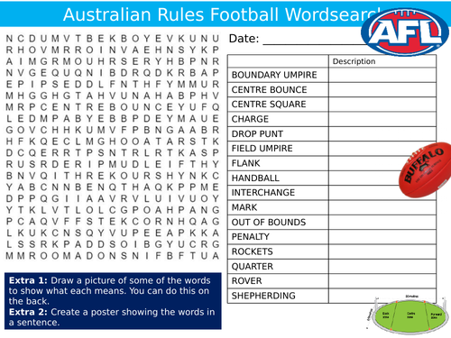 Australian Rules Football Wordsearch Puzzle Sheet Keywords Settler Starter Cover Lesson PE Sports