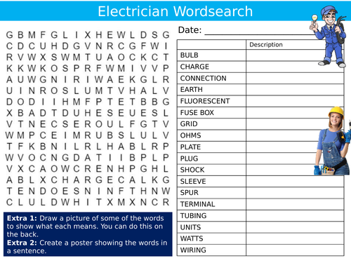 Electrician Wordsearch Puzzle Sheet Keywords Settler Starter Cover Lesson Careers Jobs