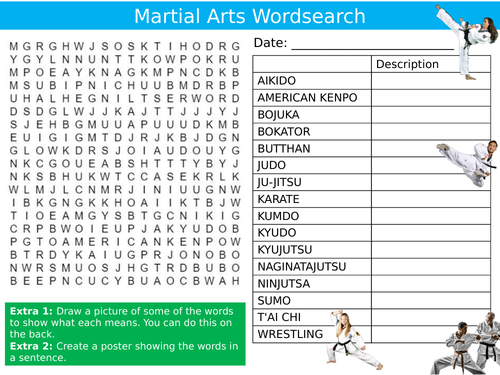 Martial Arts Wordsearch Puzzle Sheet Keywords Settler Starter Cover Lesson PE Sports