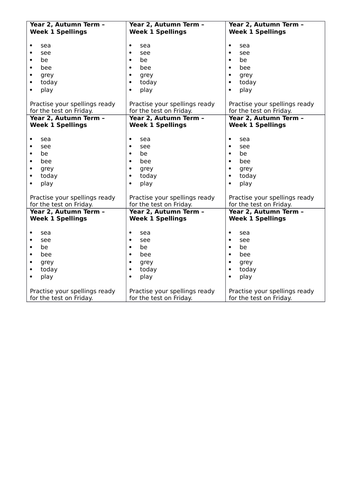 Year 2, No Nonsense Spelling List - Autumn, Week 1