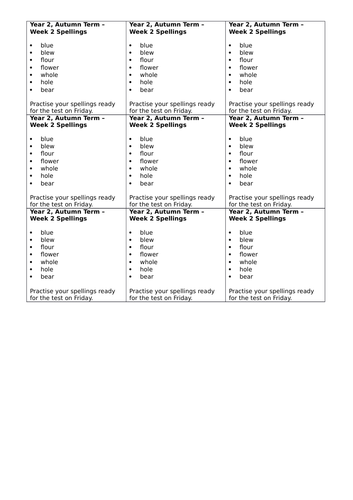 Year 2, No Nonsense Spelling List - Autumn, Week 2